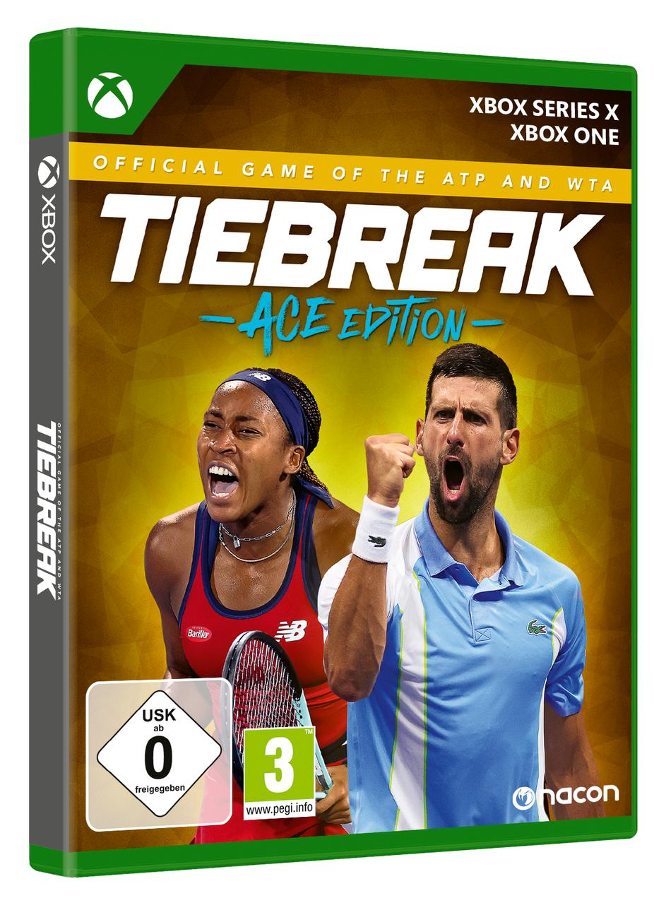 Spielbox von 'Tiebreak: Ace Edition'. Tennisspieler, USK 0 Bewertung. Grüner Hintergrund.