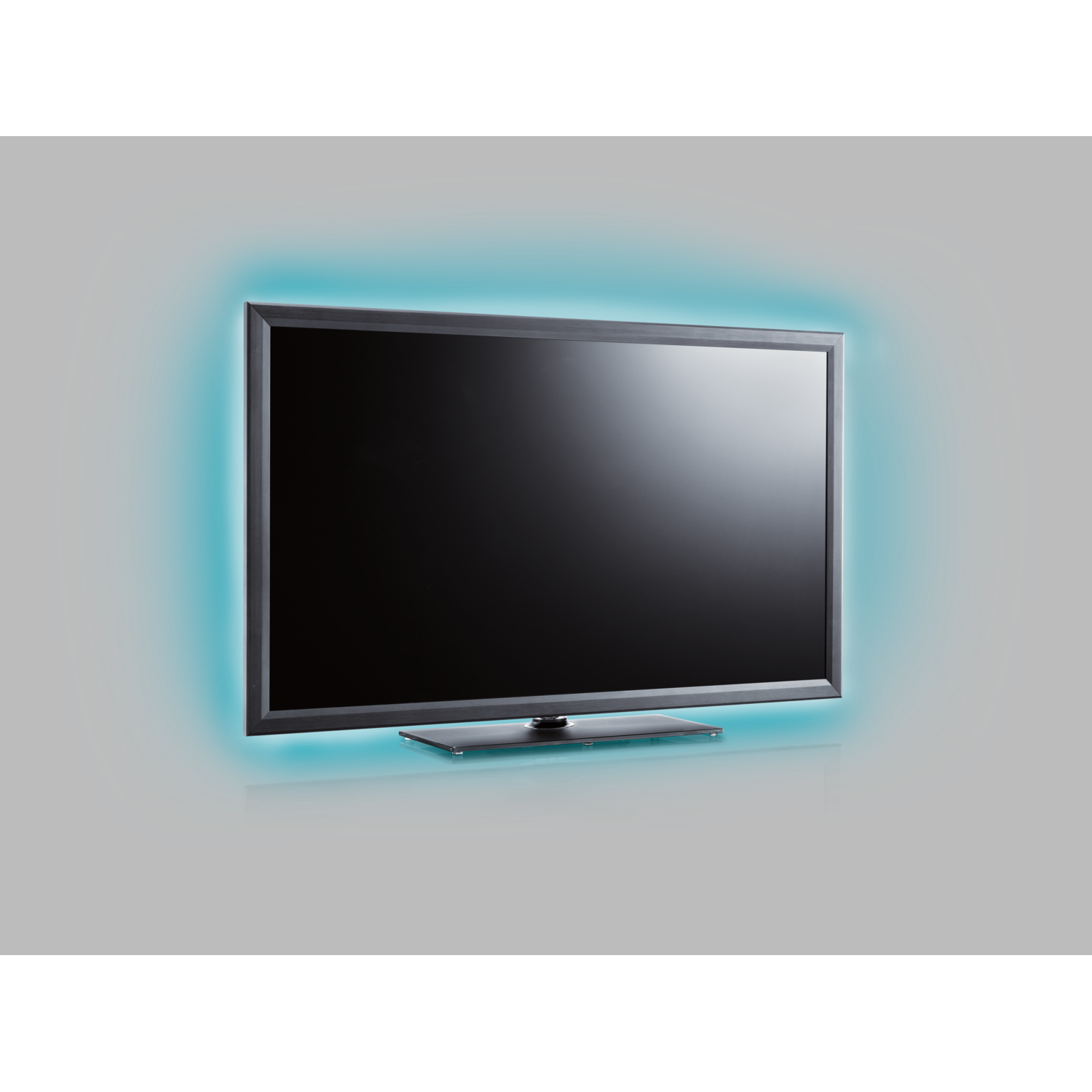 A flat-screen TV with a blue light border.