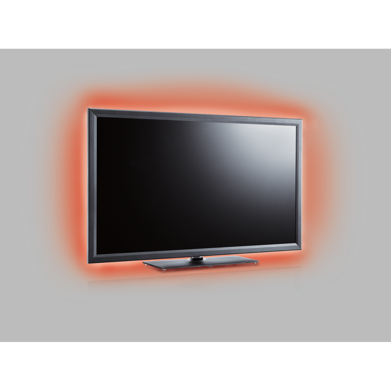 A black TV with a red glowing border. The TV stands on a grey surface.