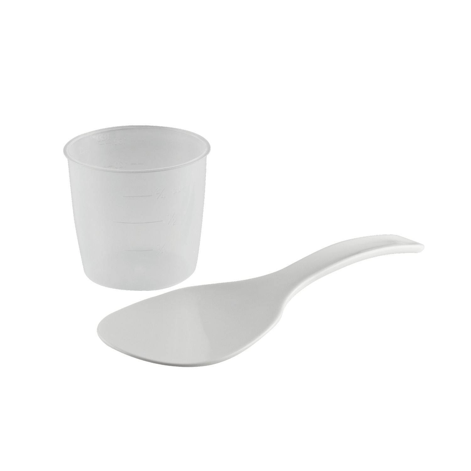 White rice measuring cup and a rice spoon are placed on a white surface. The background is white.