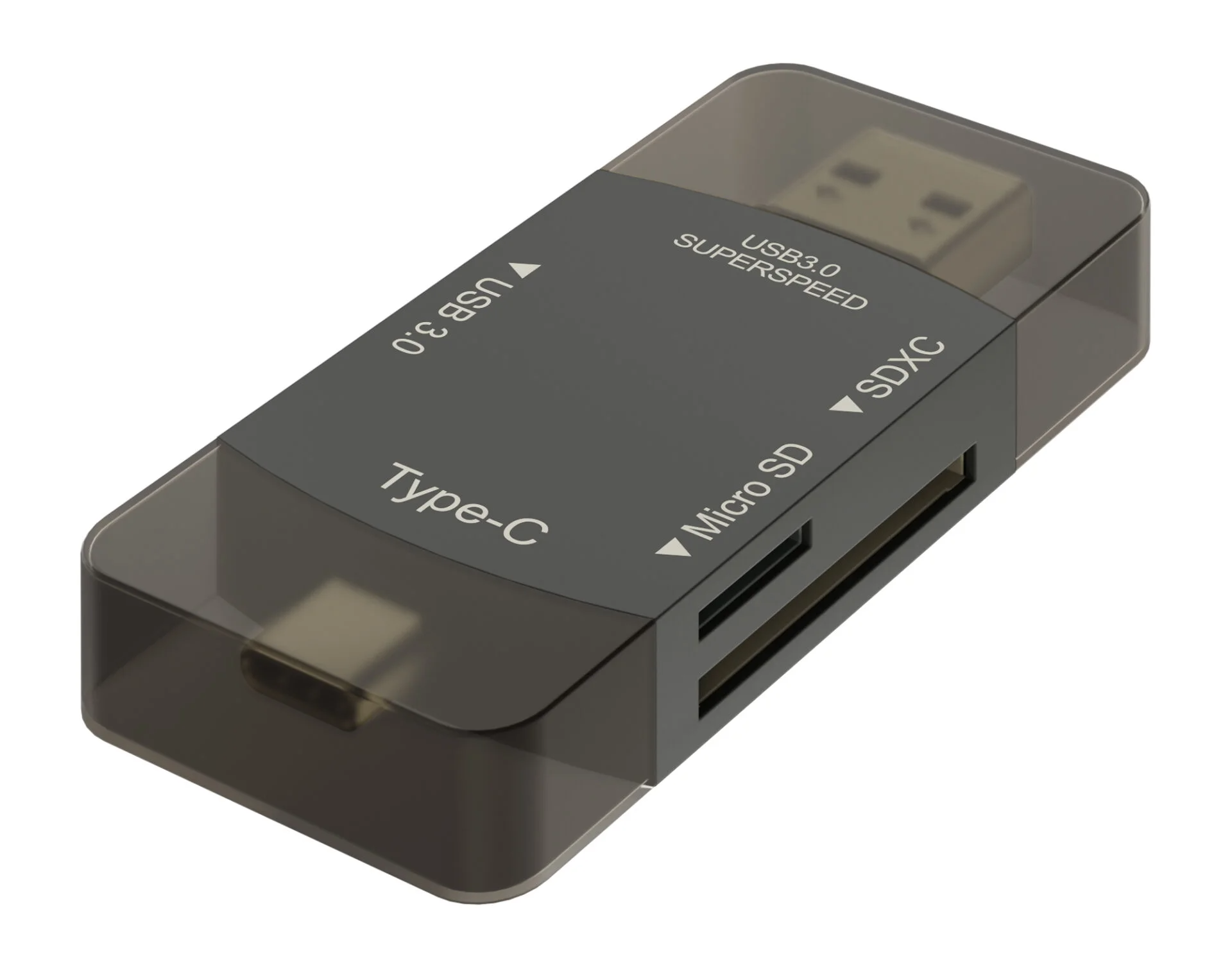 Schwarzes Kartenlesegerät mit USB 3.0, Typ-C, Micro-SD- und SDXC-Markierungen.
