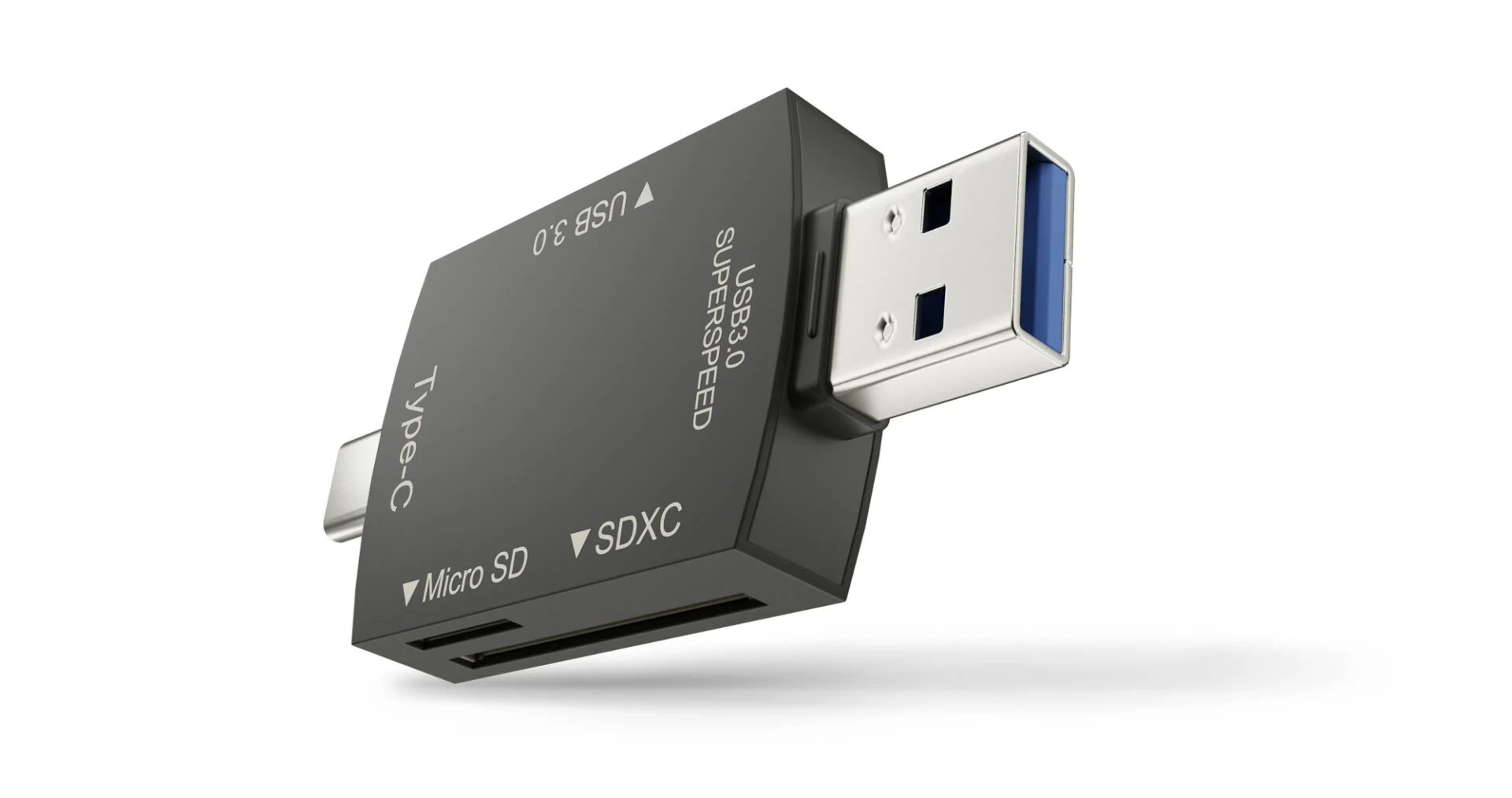 Ein schwarzer USB-Adapter mit Typ-C- und Micro-SD-Steckplätzen sowie einem USB-3.0-Anschluss.