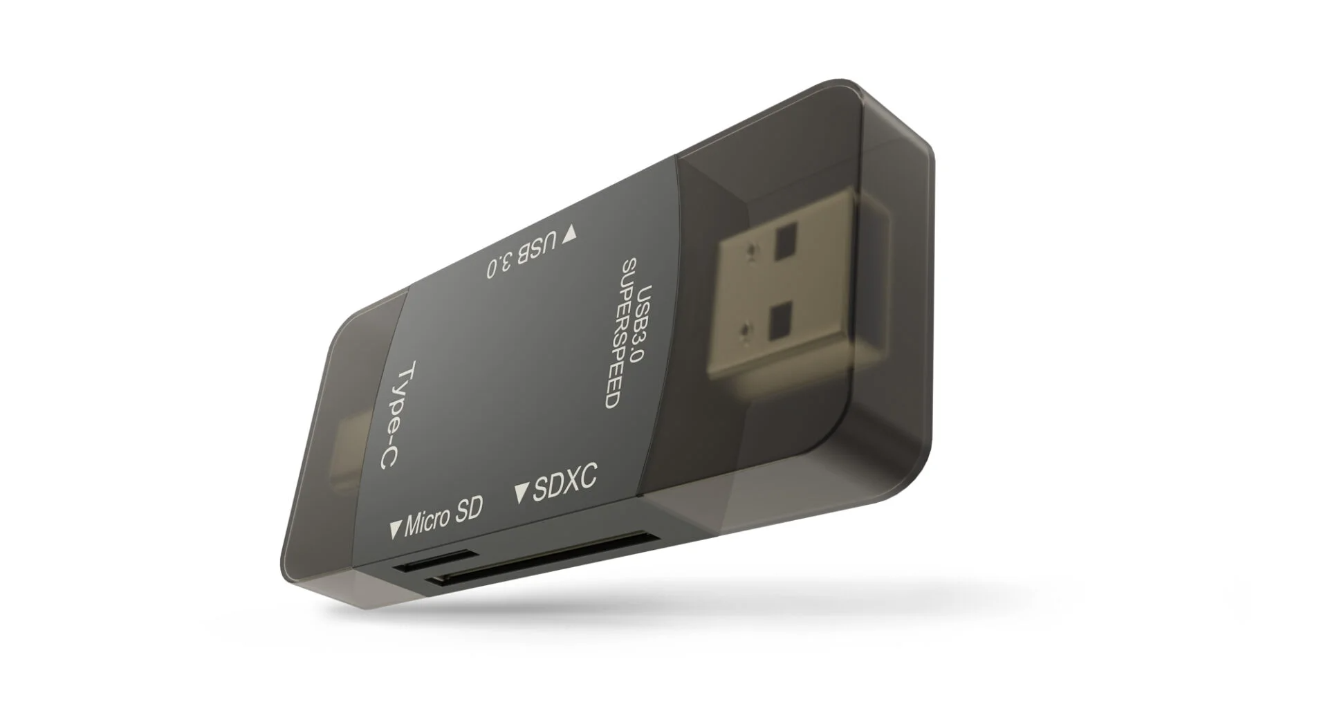 Schwarz-grauer USB 3.0 Typ-C Kartenleser, schräge Ansicht, weißer Hintergrund.