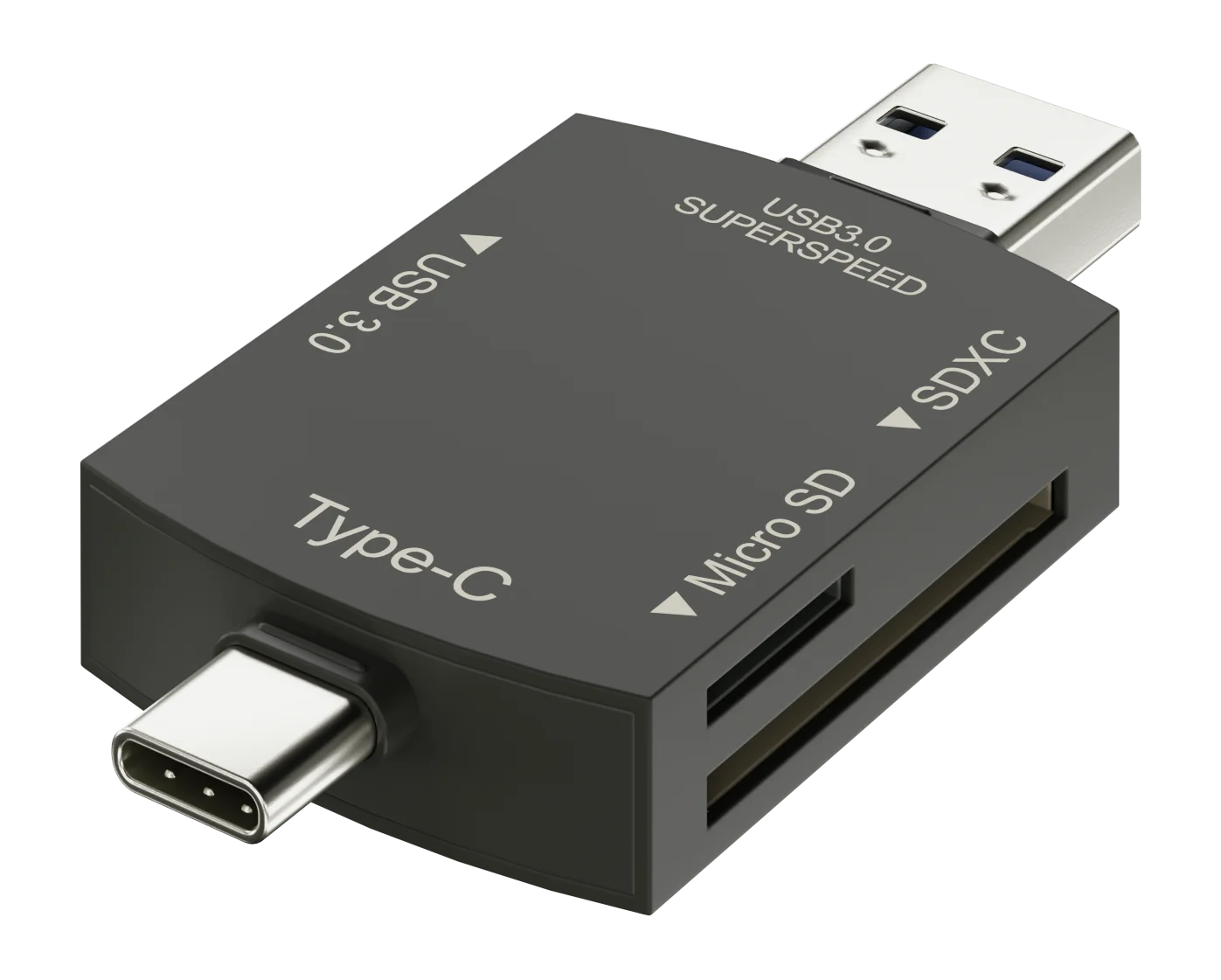 Schwarzer USB Typ-C-Hub mit mehreren Anschlüssen: USB 3.0, Micro SD und SDXC.