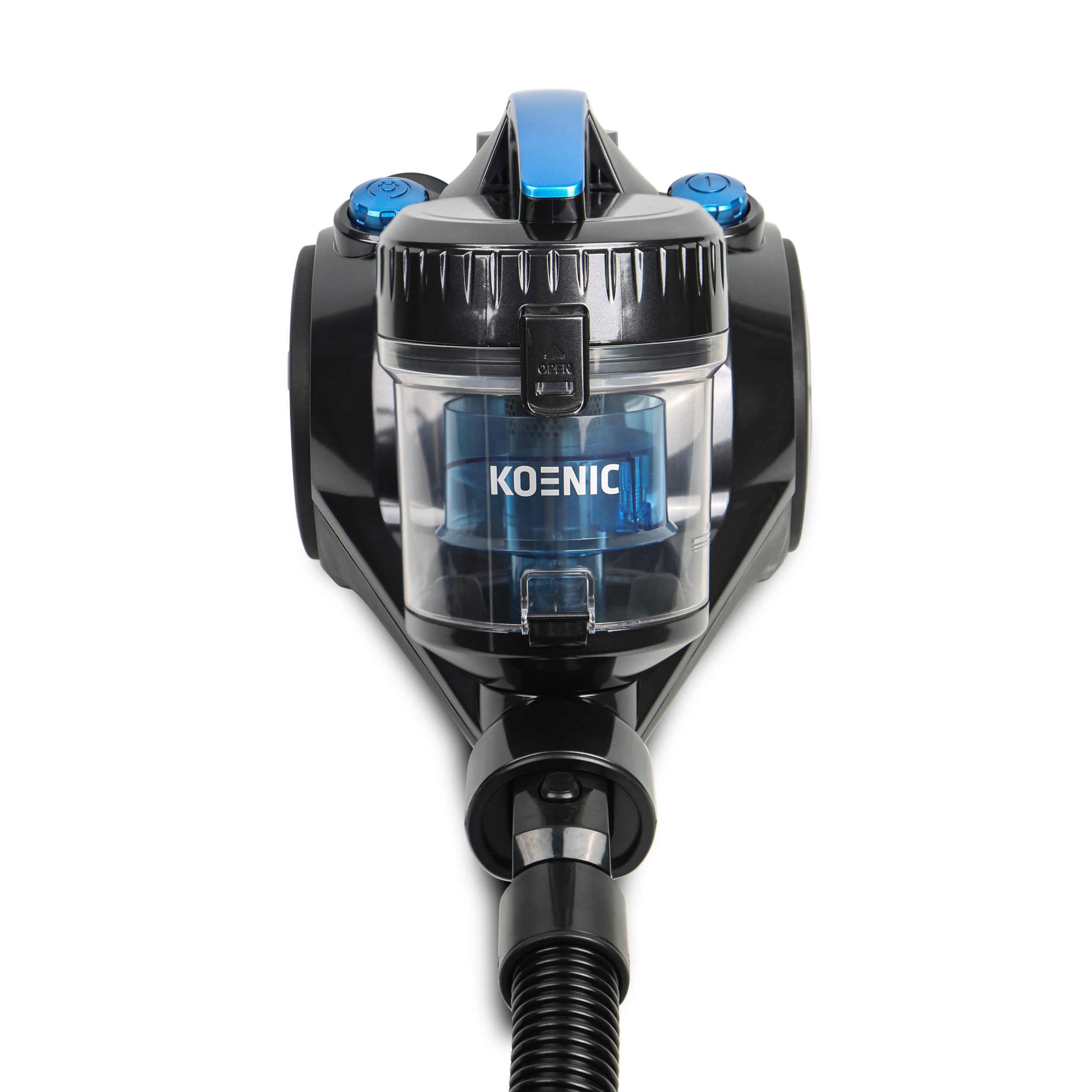 Czarny odkurzacz z przezroczystym pojemnikiem na kurz, na białym tle.