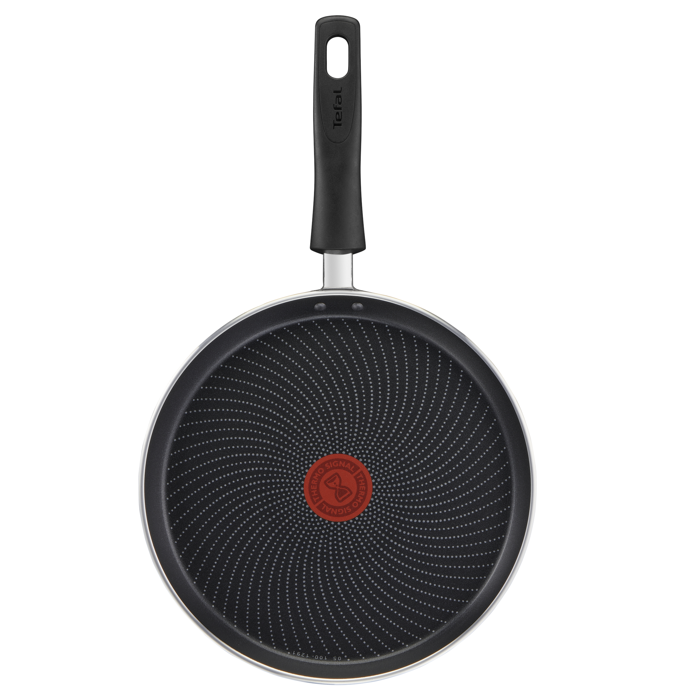 Czarna patelnia Tefal, powierzchnia nieprzywierająca i uchwyt.