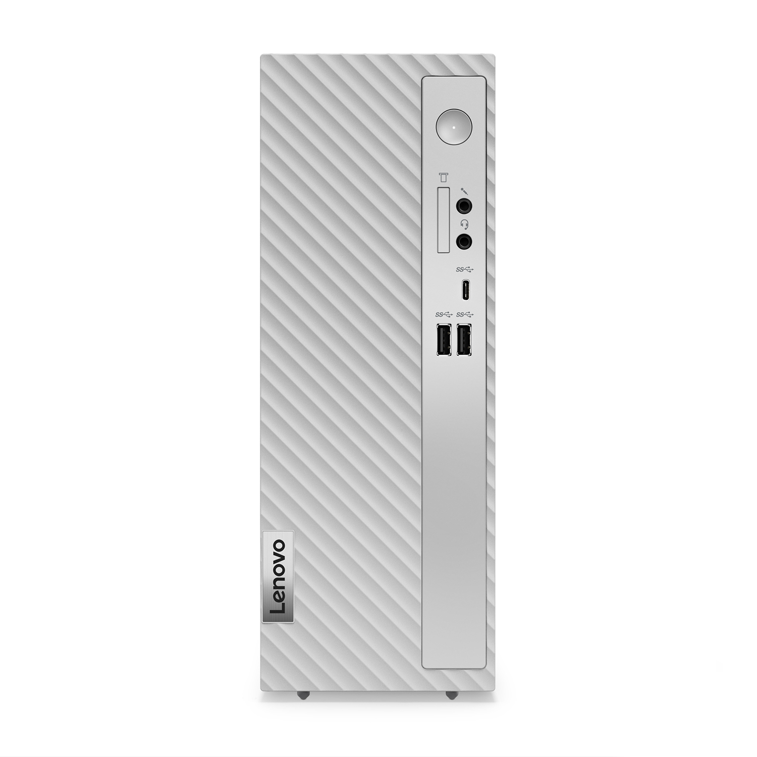 Computer desktop Lenovo bianco, vista frontale. Logo Lenovo a sinistra.