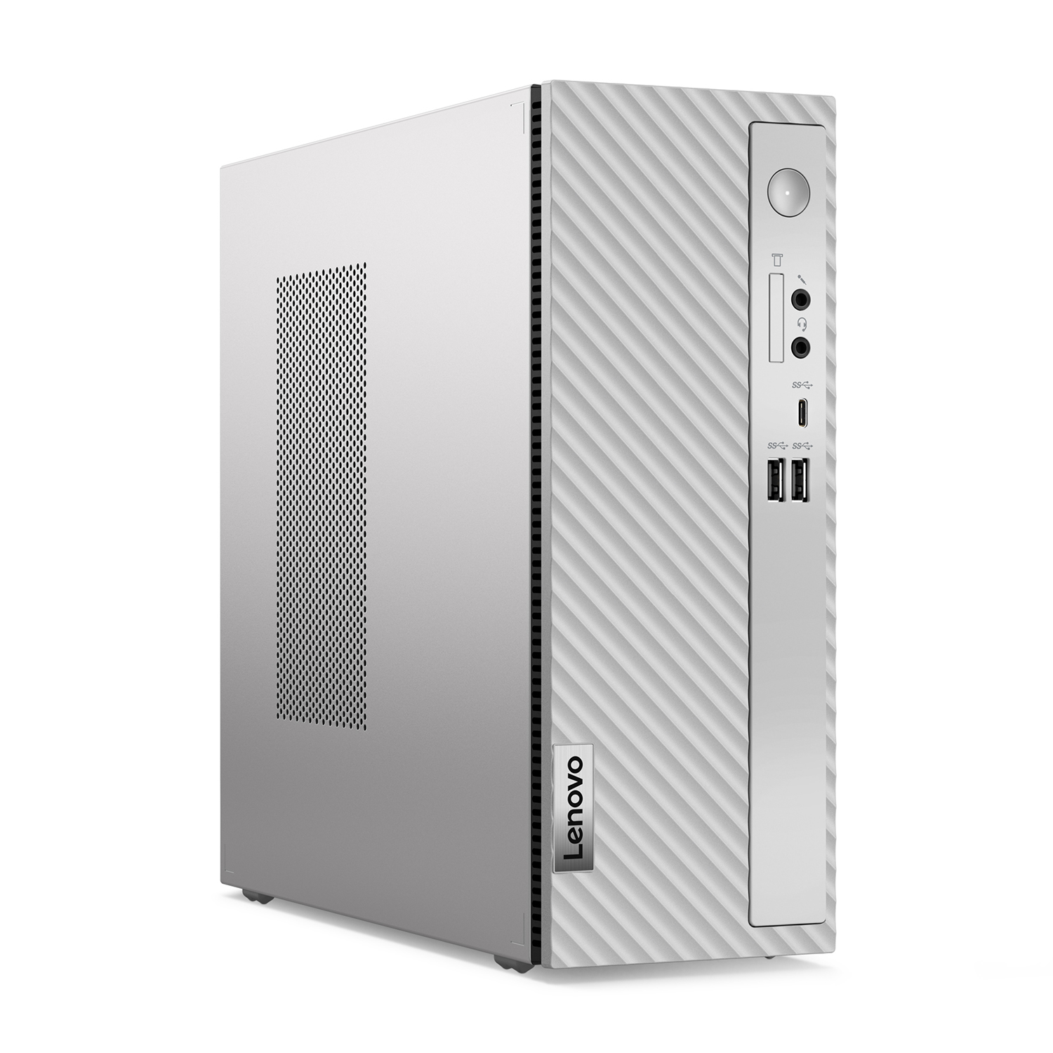 Torre del computer bianca con logo Lenovo. Dettagli e porte argentate sul davanti.