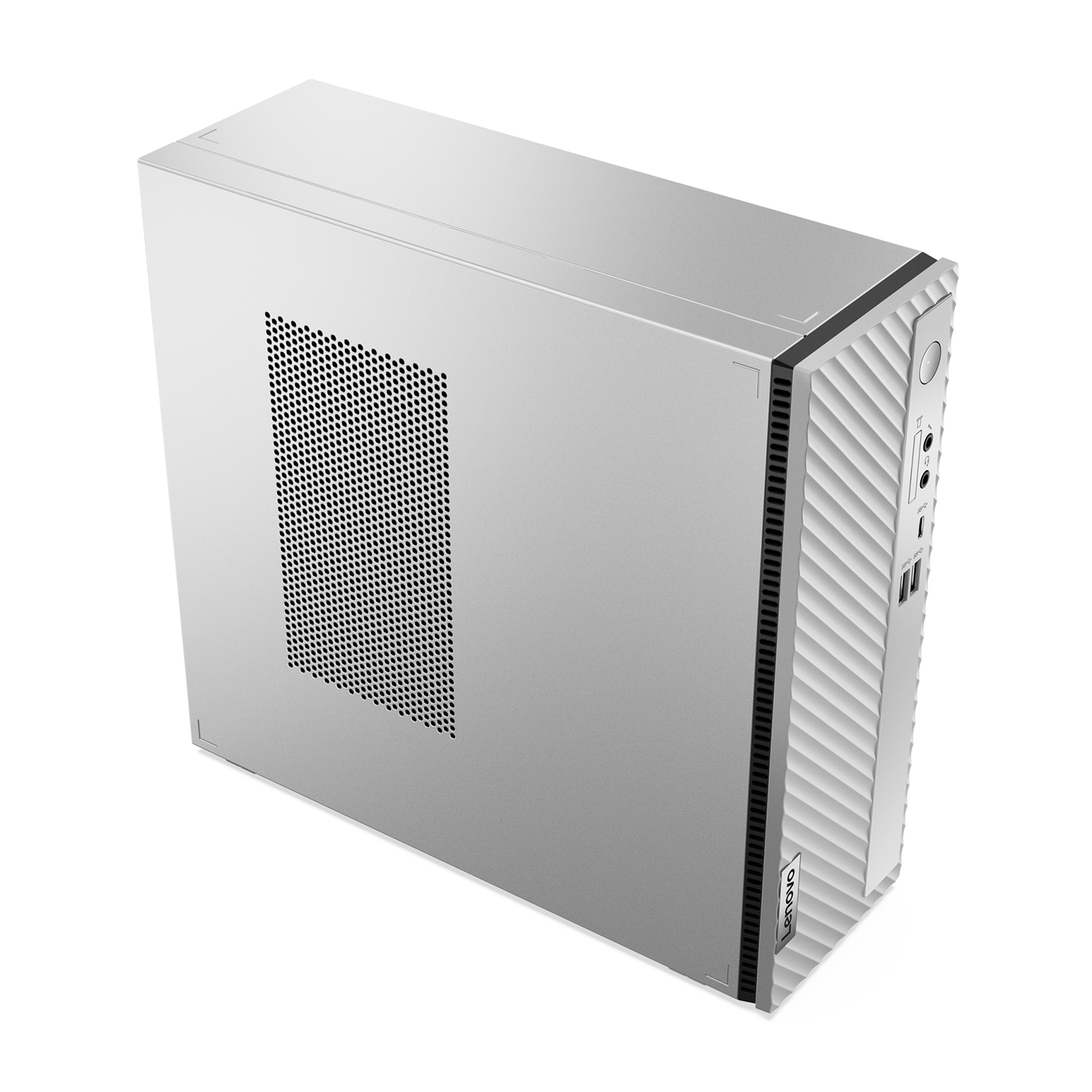 Un computer desktop Lenovo argentato su sfondo bianco.