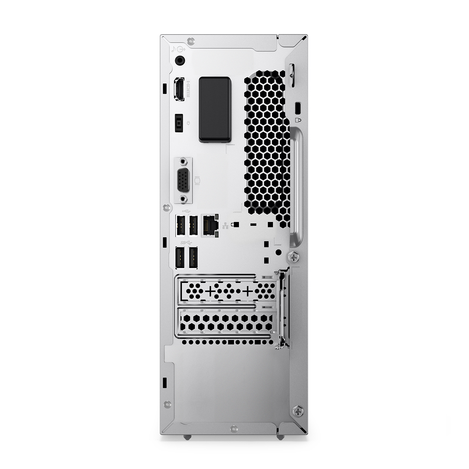 Vista posteriore di un computer tower argentato con varie porte e una griglia a nido d'ape.