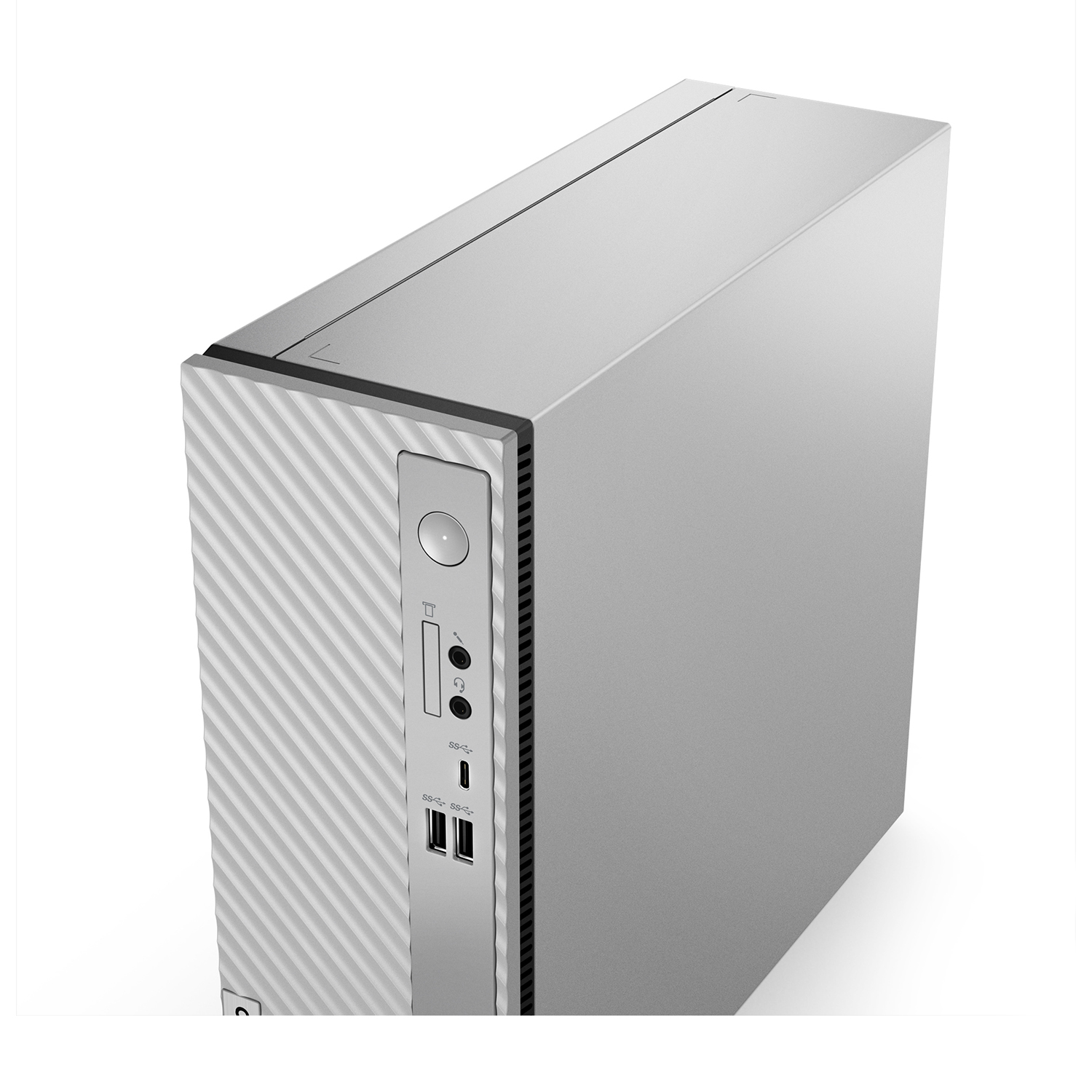 Una torre per computer argentata, con prese d'aria e porte visibili sulla parte anteriore.