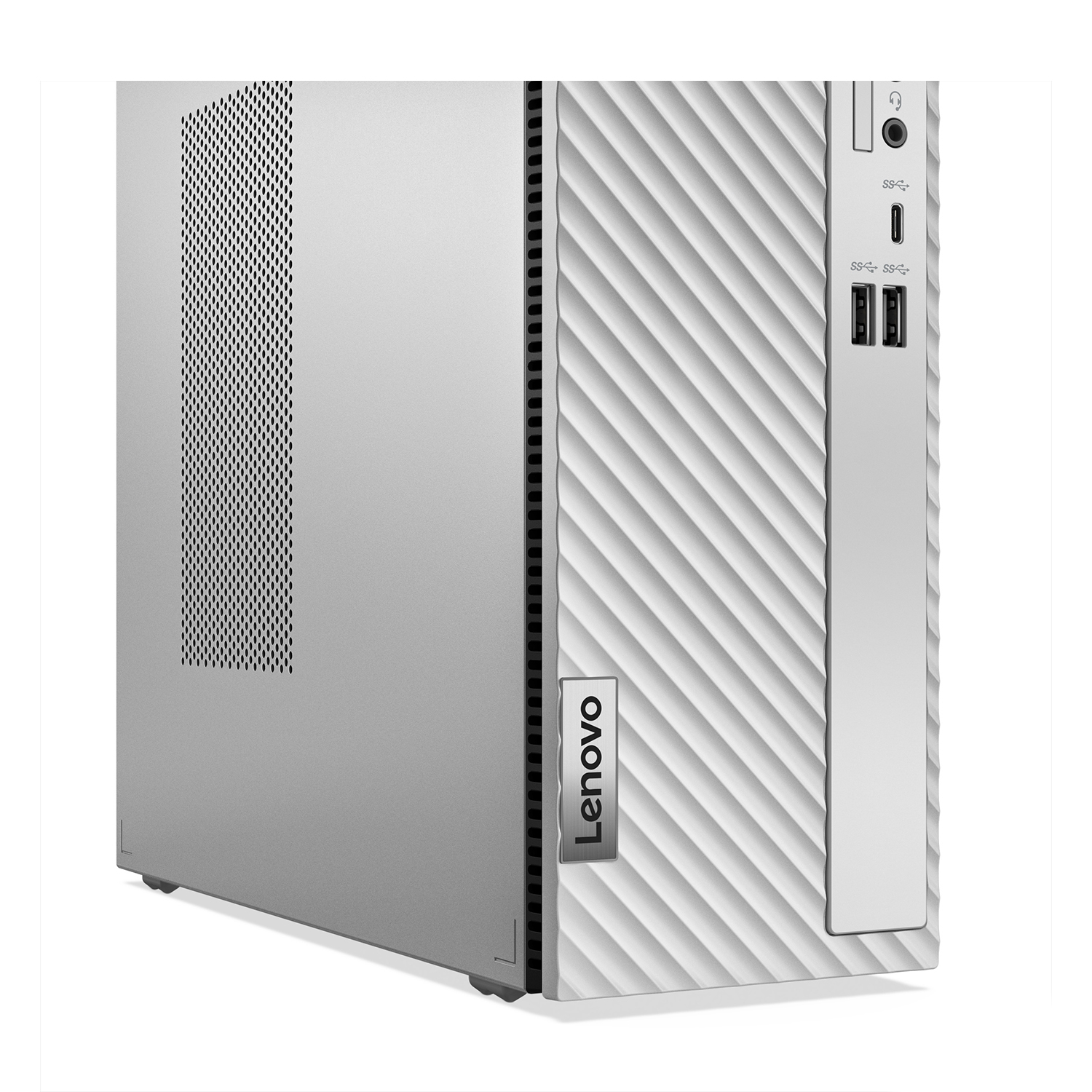 Case per computer Lenovo, colore argento, con porte sul pannello laterale.