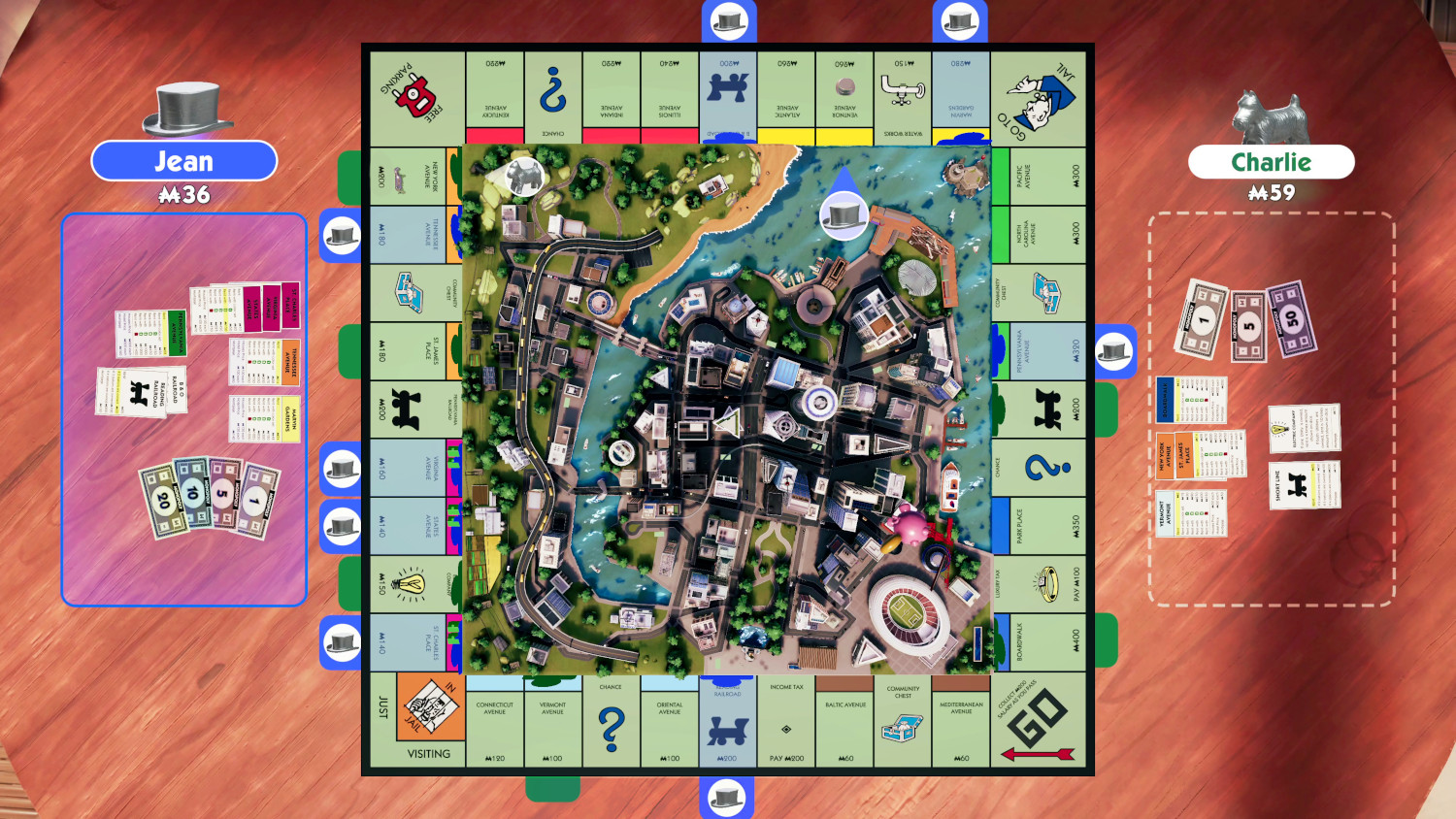 Jeu de société Monopoly avec deux joueurs. Le plateau est au centre, avec des cartes et des jetons.