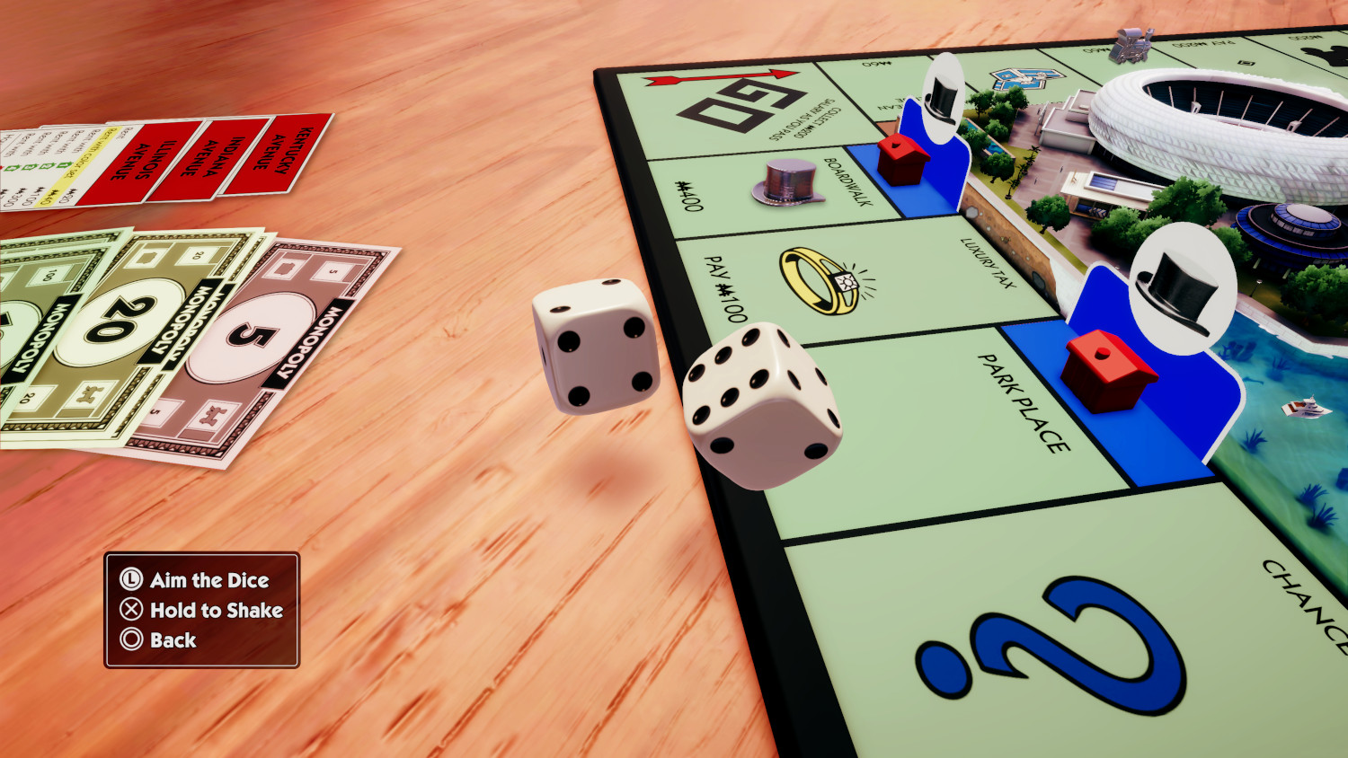 Jeu de société Monopoly avec des dés roulant dans un environnement virtuel.