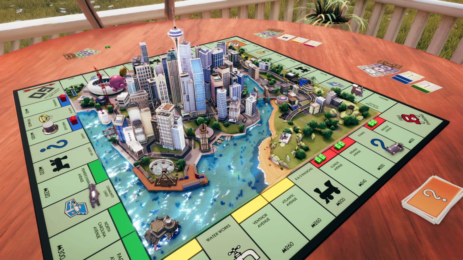 Jeu de société Monopoly mis en place. Les bâtiments sont disposés sur un plateau de jeu sur le thème de la ville.