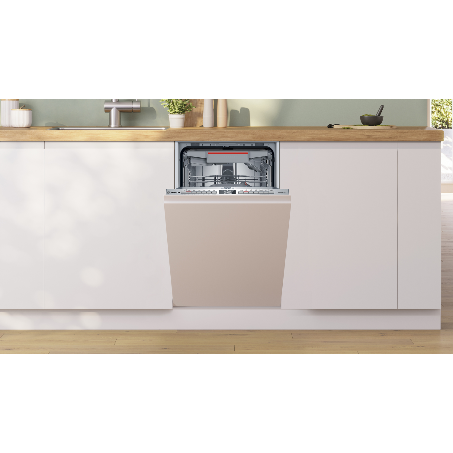 Een witte vaatwasser met zijn deur open, in een moderne keuken.
