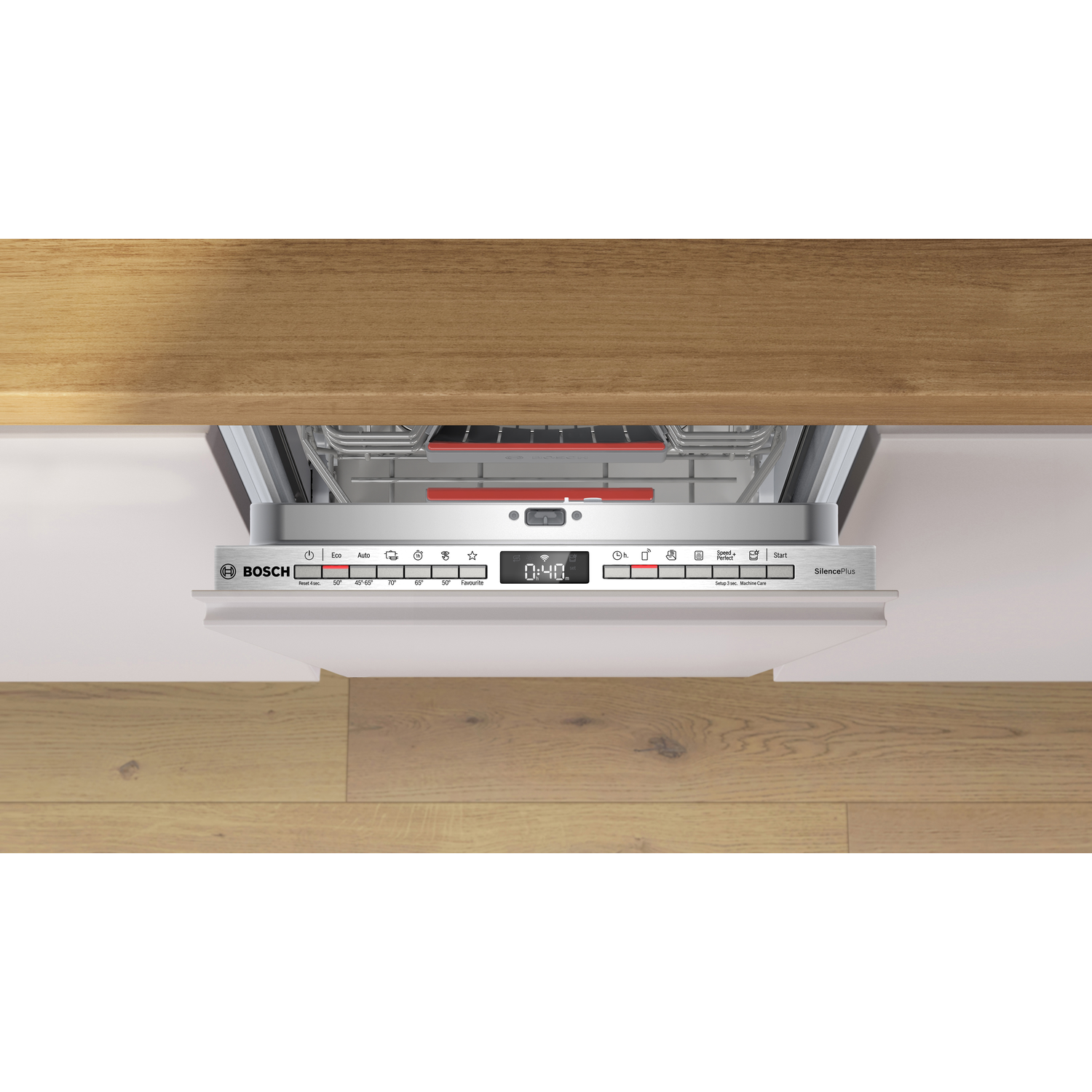 Een open interieur van een Bosch vaatwasser. Het bedieningspaneel toont een timer op 0:48. Houten vloer en kast erboven.