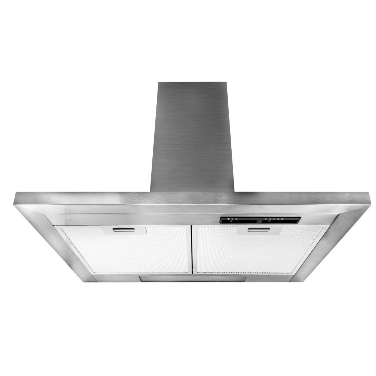 Een roestvrijstalen afzuigkap, met twee witte ventilatieafdekkingen en een digitaal display in het midden.