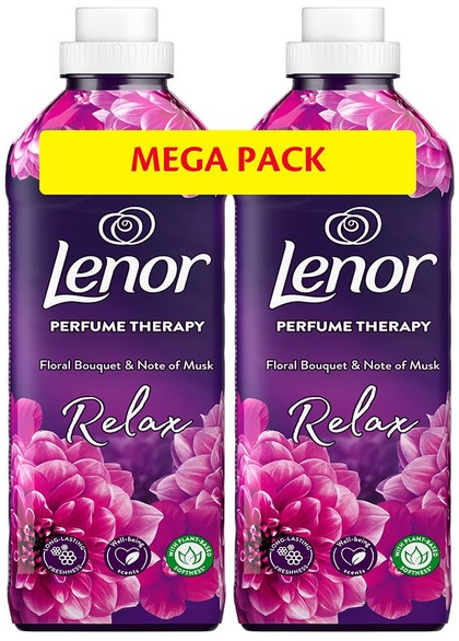 Dwie butelki perfum Lenor. Fioletowe butelki z różowym kwiatowym wzorem. Żółta etykieta Mega Pack.