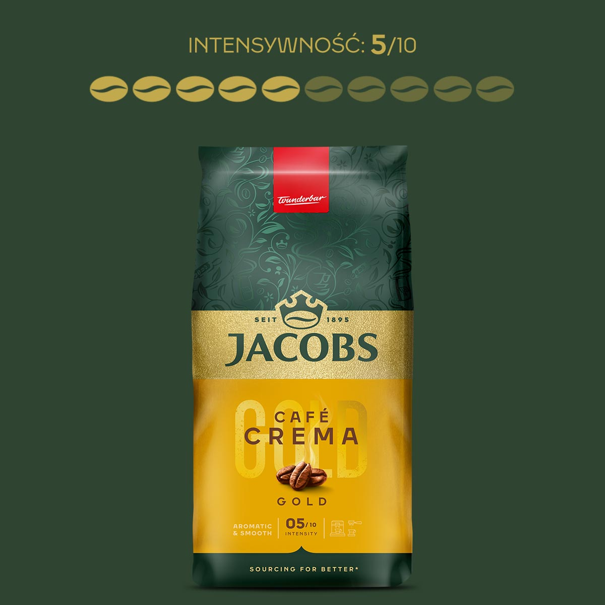 Torba na kawę z etykietą Jacobs Gold Cafe Crema. Torba jest złota i ma ziarna kawy.