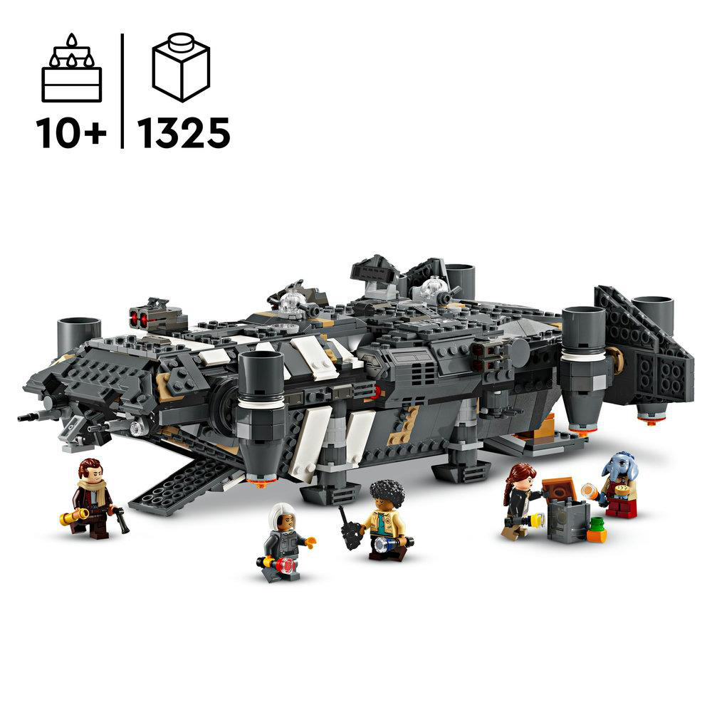Lego Star Wars Set mit großem Schiff und mehreren Minifiguren auf weißem Hintergrund.