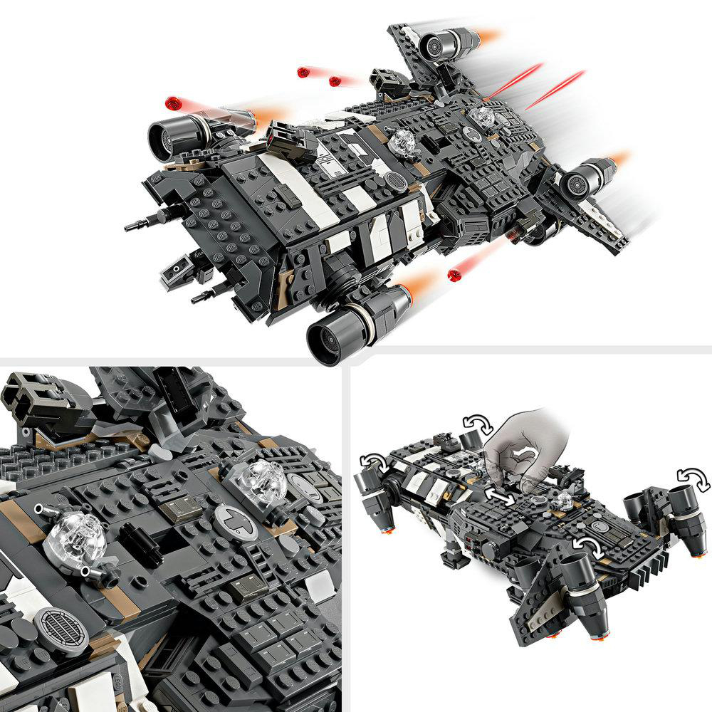 Ein Lego Star Wars Modell-Raumschiff aus mehreren Winkeln gezeigt, im Flug, mit Details seiner Teile.