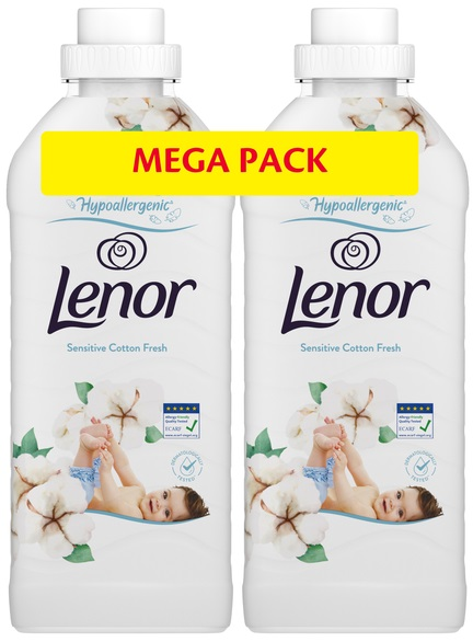 Dwie butelki Lenor, białe z motywem dziecka i bawełny. Żółta etykieta Mega Pack.