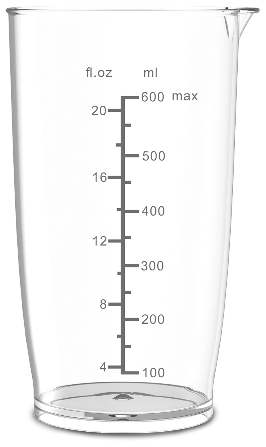 Átlátszó mérőpohár ml és fl. oz jelölésekkel, 600 ml maximális űrtartalommal.