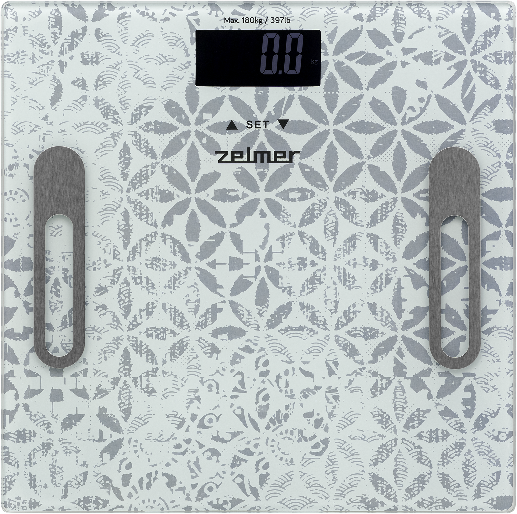 Digitális fürdőszobai mérleg. Fehér, virágmintával. 0,0 kg-ot mutat.