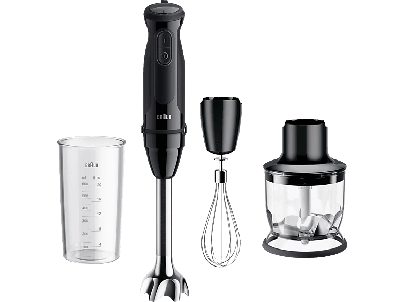 BRAUN MultiQuick 5 MQ 50202M, leistungsstarker Pürierstab mit Zubehör-Set, 21 Geschwindigkeiten, Turbofunktion, Stabmixer Schwarz (1000 Watt, 350 ml Kompaktzerkleinerer, 600 ml Messbecher)