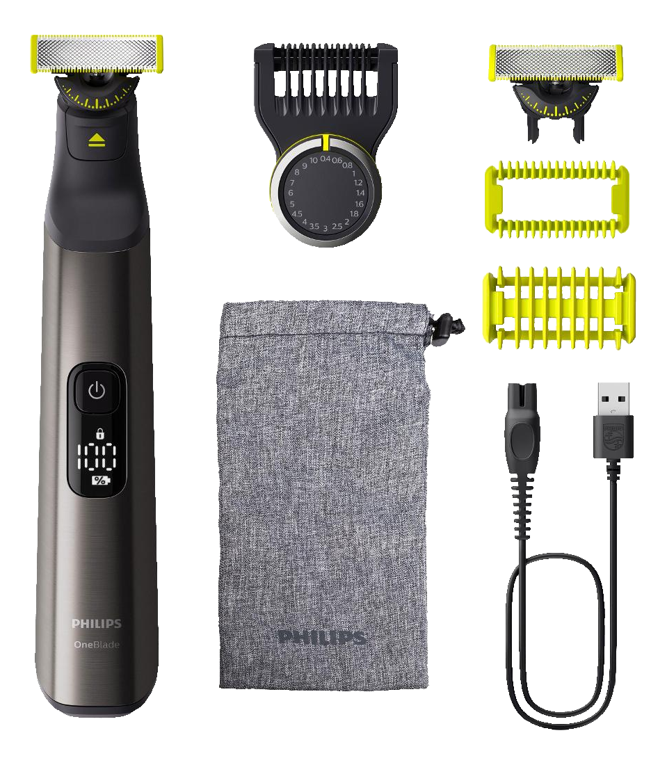 Philips OneBlade Set. Rasierer, Trimmerköpfe, Ladekabel, grauer Aufbewahrungsbeutel.