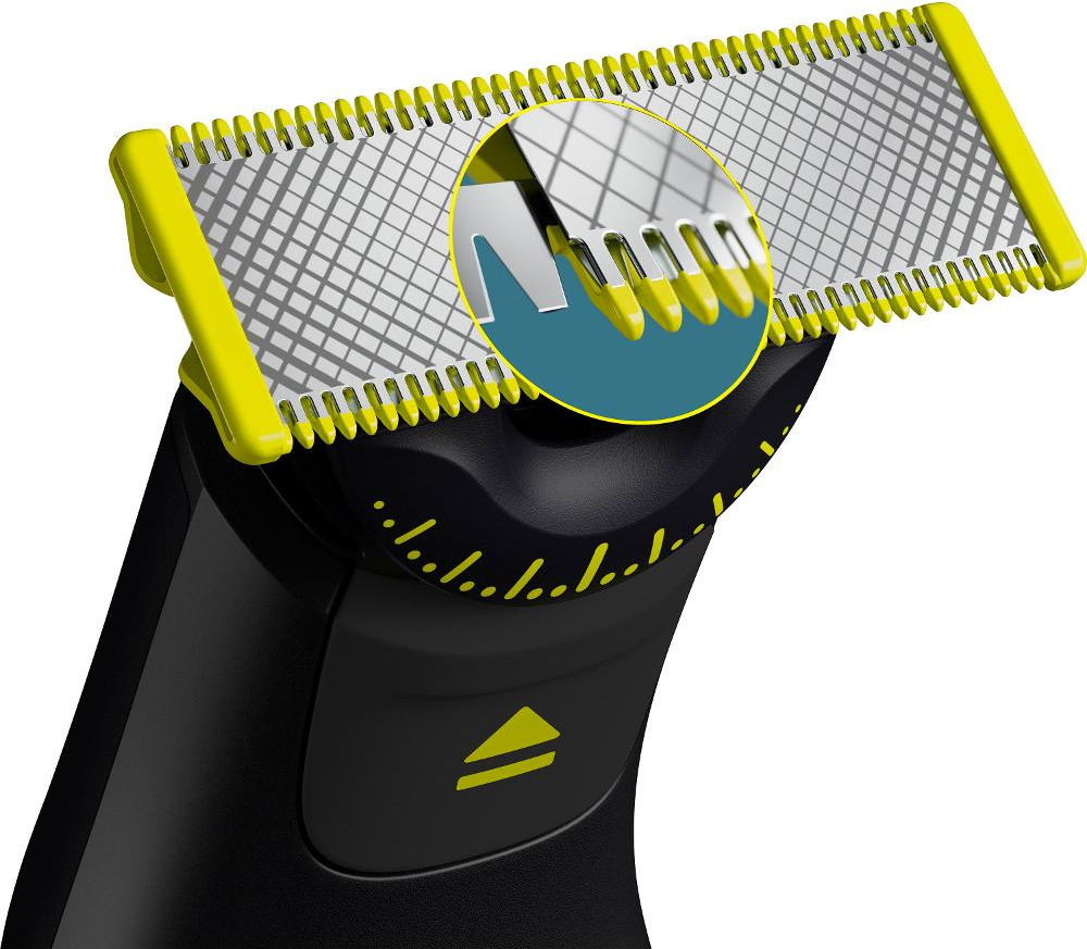 Nahaufnahme eines schwarzen Philips OneBlade Trimmerkopfes mit gelben Details und Größeneinstellung.