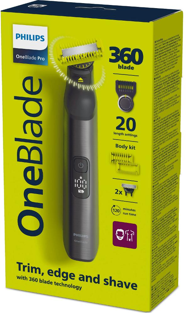 Philips OneBlade Pro Box. Enthält Trimmer, Edger, Rasierer mit 360-Klingen-Technologie.