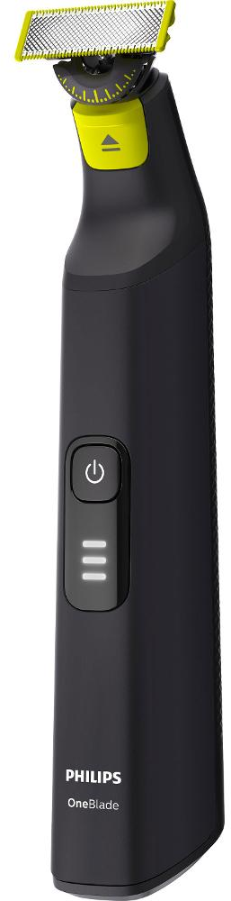 Schwarzer Philips OneBlade Elektrorasierer mit gelber Klinge und Leistungsanzeige.