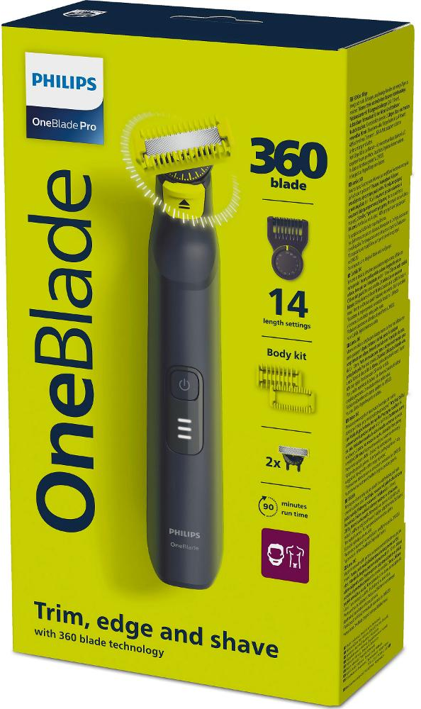 Philips OneBlade Pro Trimmer-Box. Die Box ist gelb mit einem Bild des Produkts und Text.