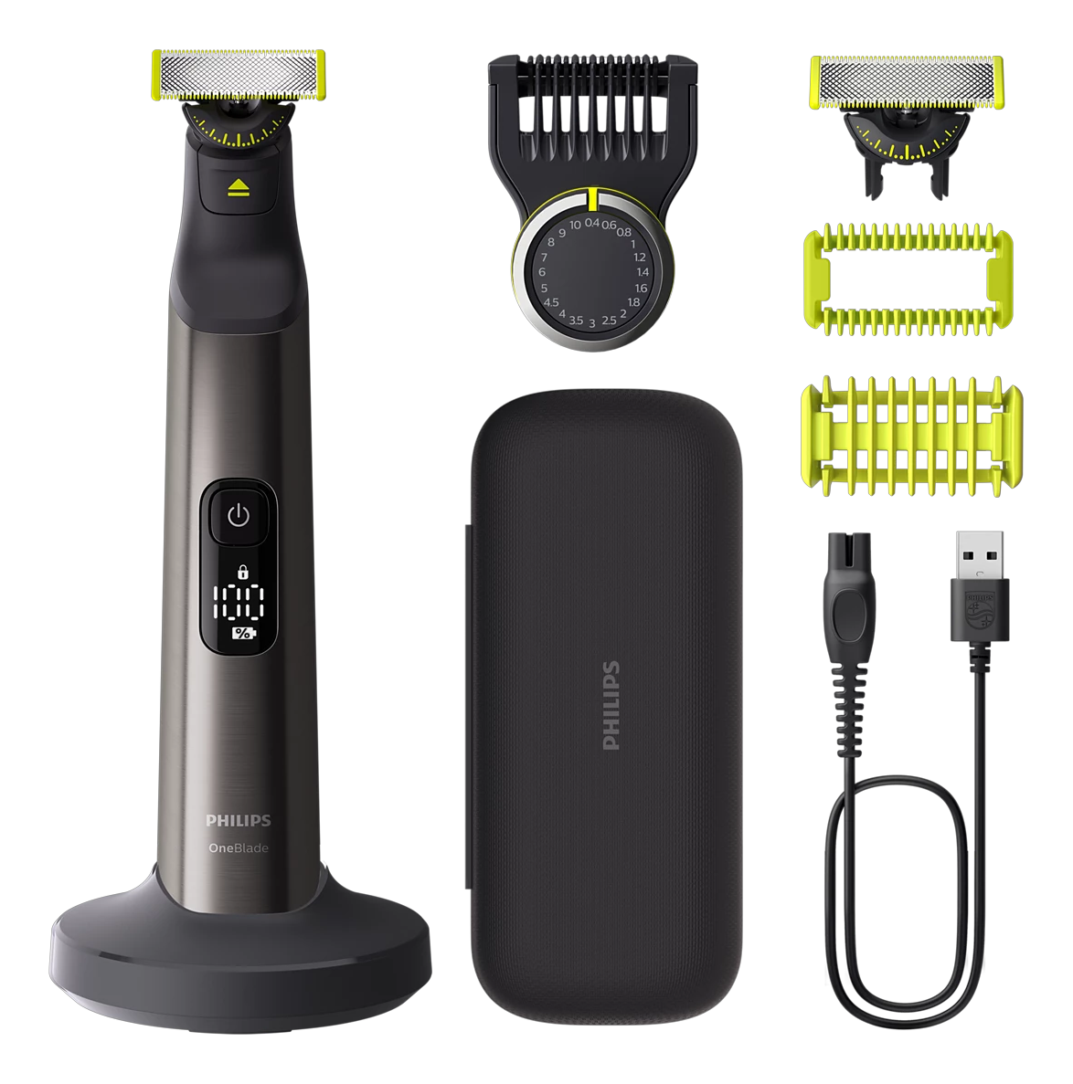 Philips OneBlade mit Zubehör: Klingen, Kammaufsätze, Ladeetui und Kabel.