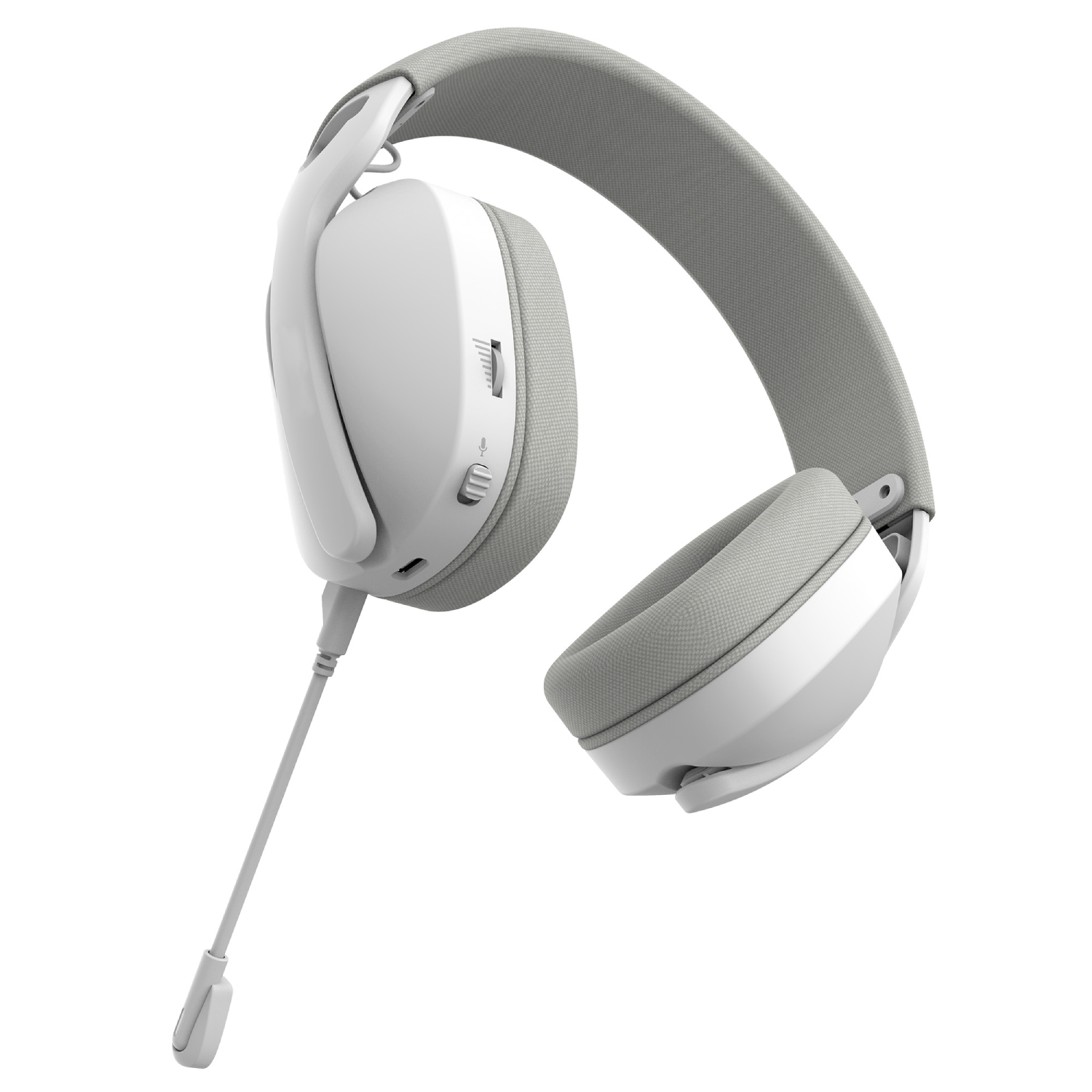 Auriculares para juegos blancos y grises con micrófono. Vista en ángulo, fondo blanco.