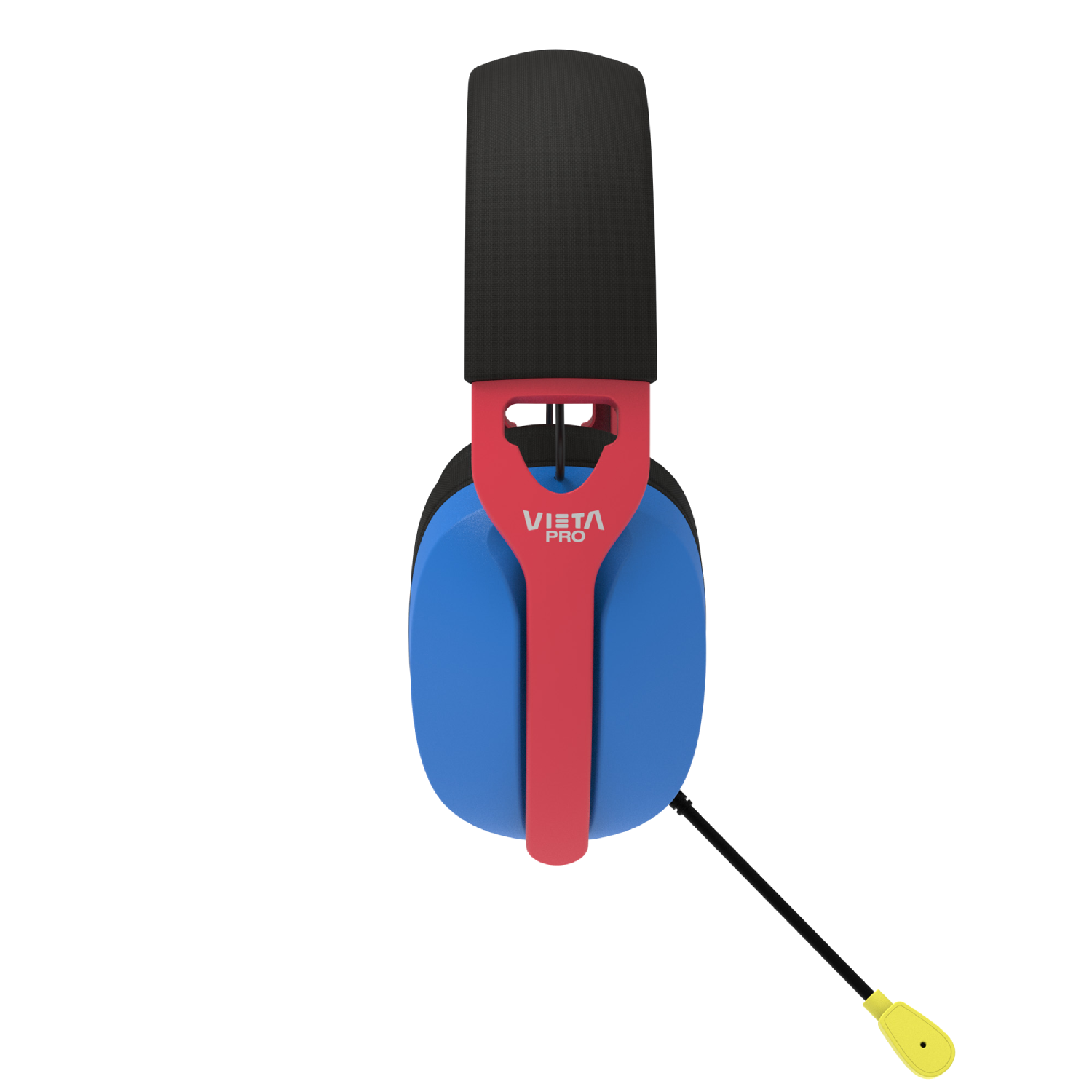 Auriculares, marco rojo, orejeras azules, diadema negra, micrófono amarillo.