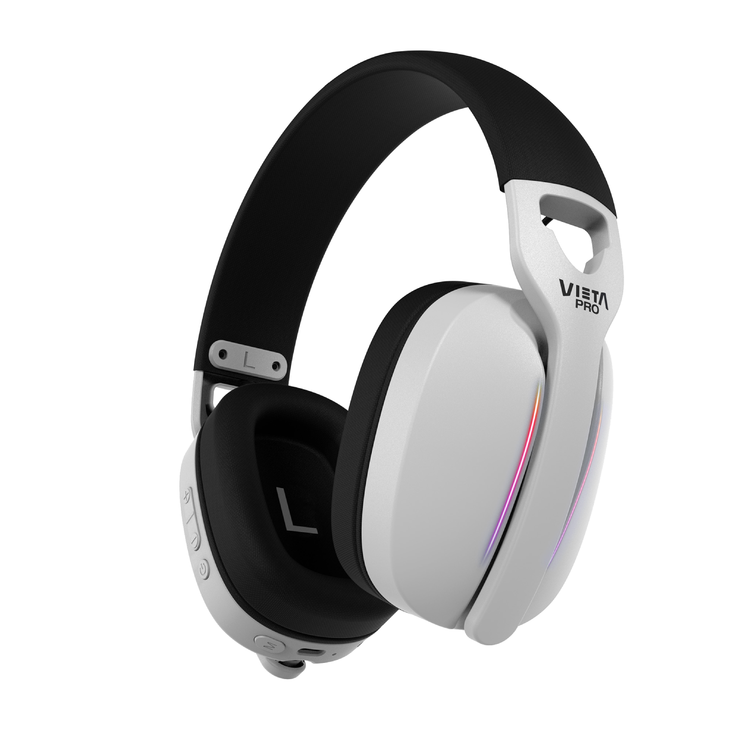 Auriculares gaming blancos y negros. Tiene una banda negra, copas blancas y luces de colores.