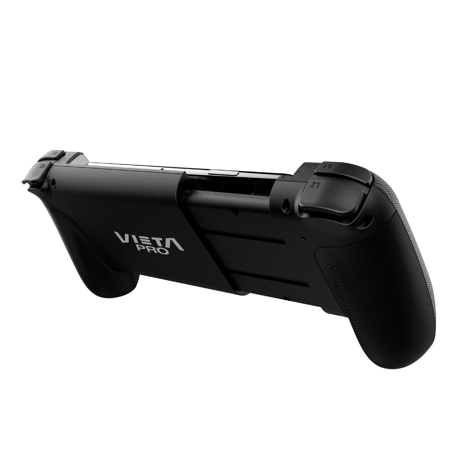 Mando de juego negro con el texto "VISTA PRO", con botones L1, L2, R1 y R2, sobre fondo negro.