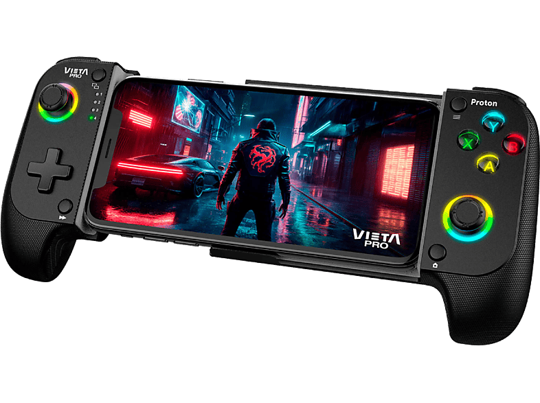 Gamepad - Vieta Pro Proton, Bluetooth, Inalámbrico, Ajustable hasta 18 cm, Función Turbo, Dual Vibration, Baja latencia, 8h autonomía, Negro