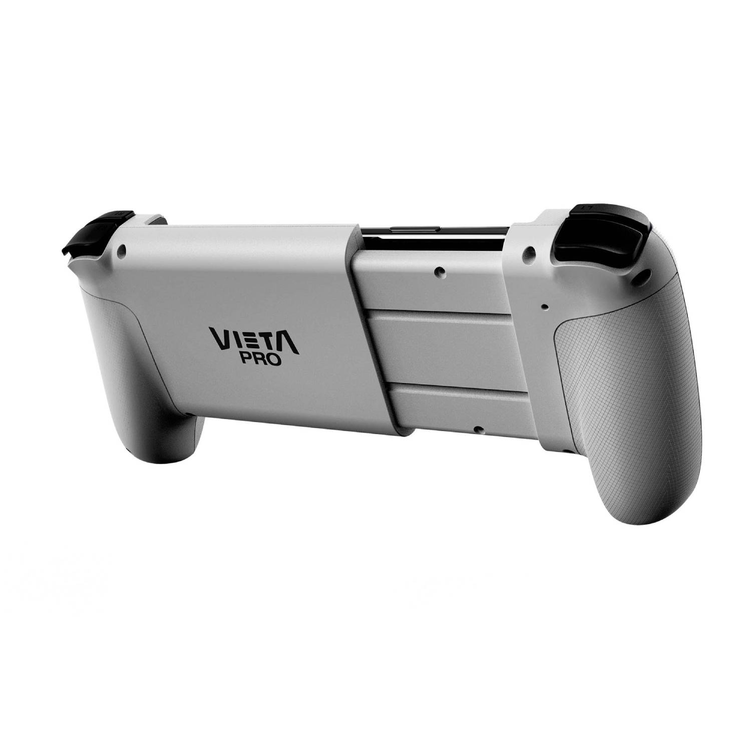 Un mando de juegos Vienta Pro gris claro. Botones negros en los lados.