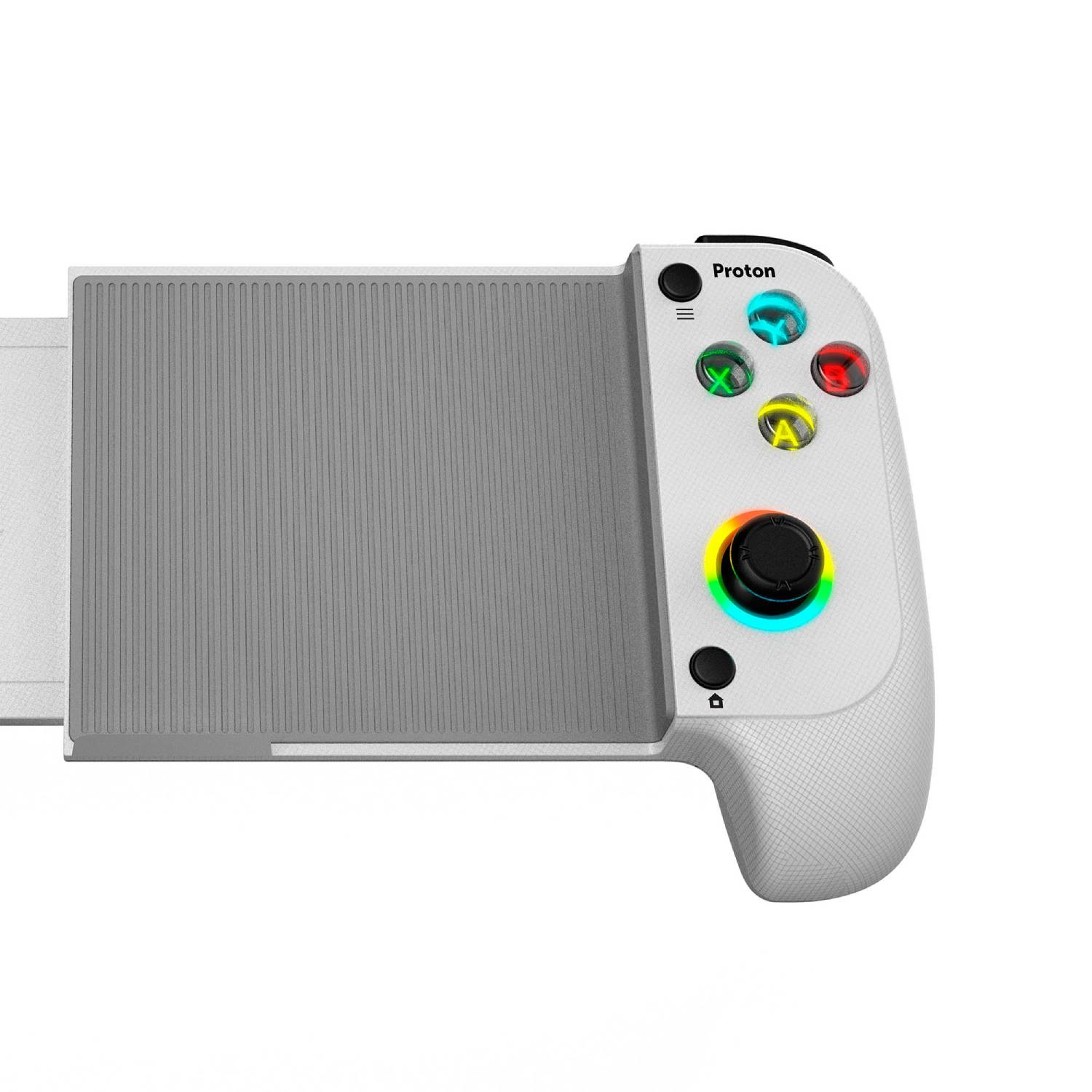 Un controlador de juegos blanco con botones de colores. Tiene un centro gris y un joystick.