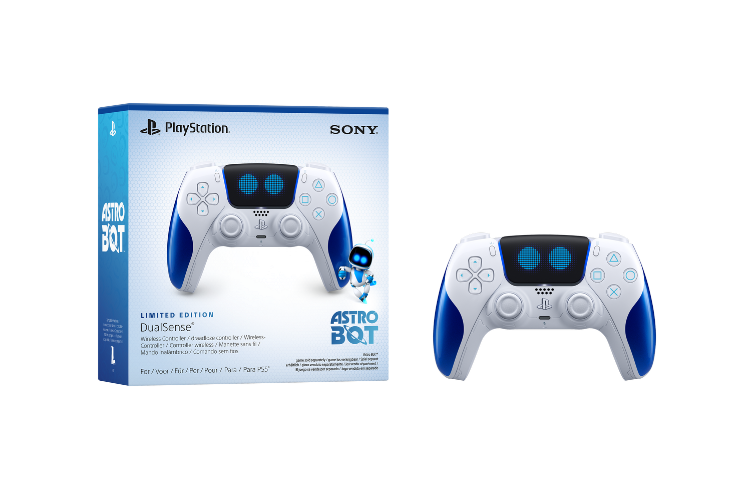Mando y caja PlayStation Astro Bot. Mando blanco con detalles azules y botones frontales.