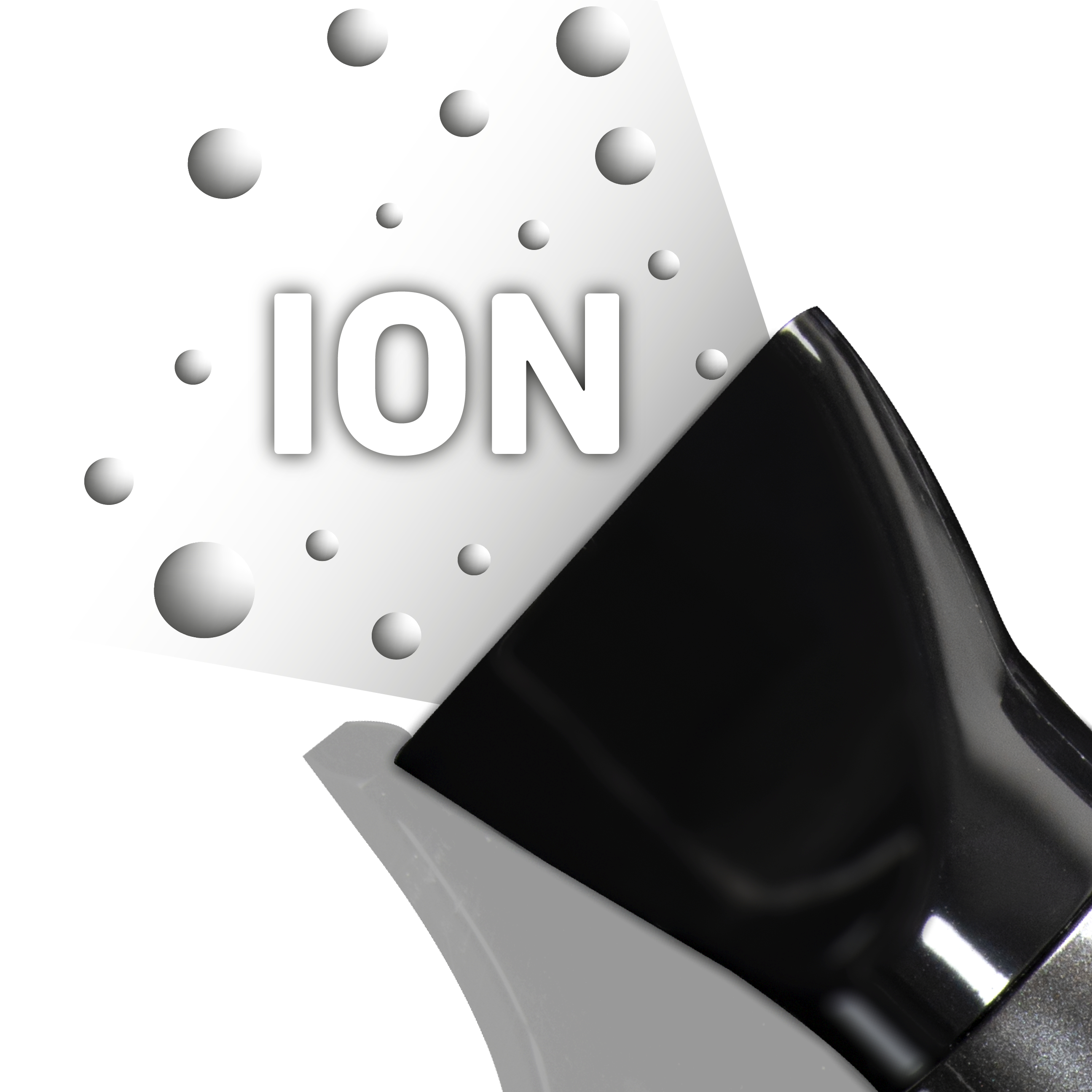 Czarna suszarka do włosów ze słowem 'ION' i białymi kulkami unoszącymi się z niej.