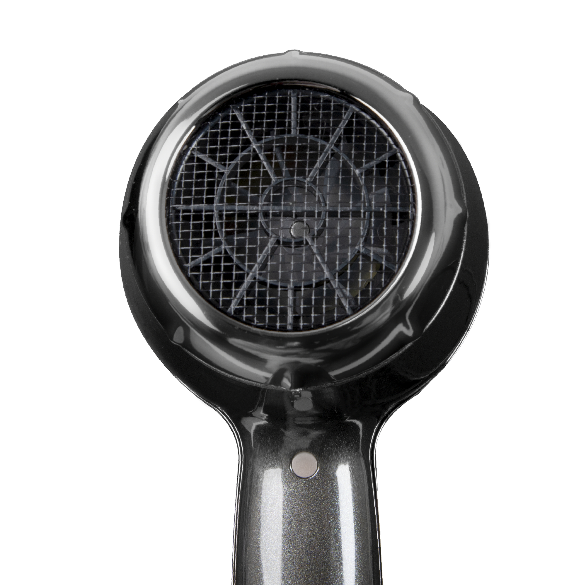 Zbliżenie przodu czarnej suszarki do włosów. Widoczny jest wentylator i kratka.