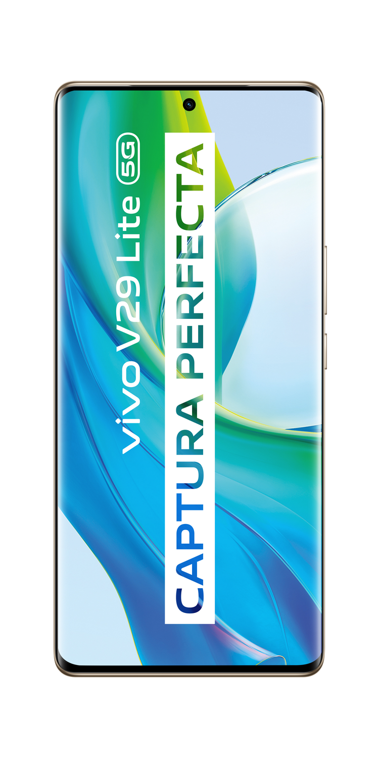 Teléfono Vivo V29 Lite 5G, pantalla muestra fondo colorido con texto 'CAPUTRA PERFECTA'.