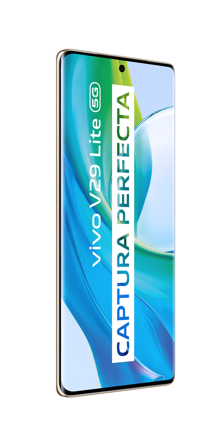Teléfono Vivo V29 Lite 5G, vista de borde. Barra blanca con texto: CAPTURA PERFECTA.