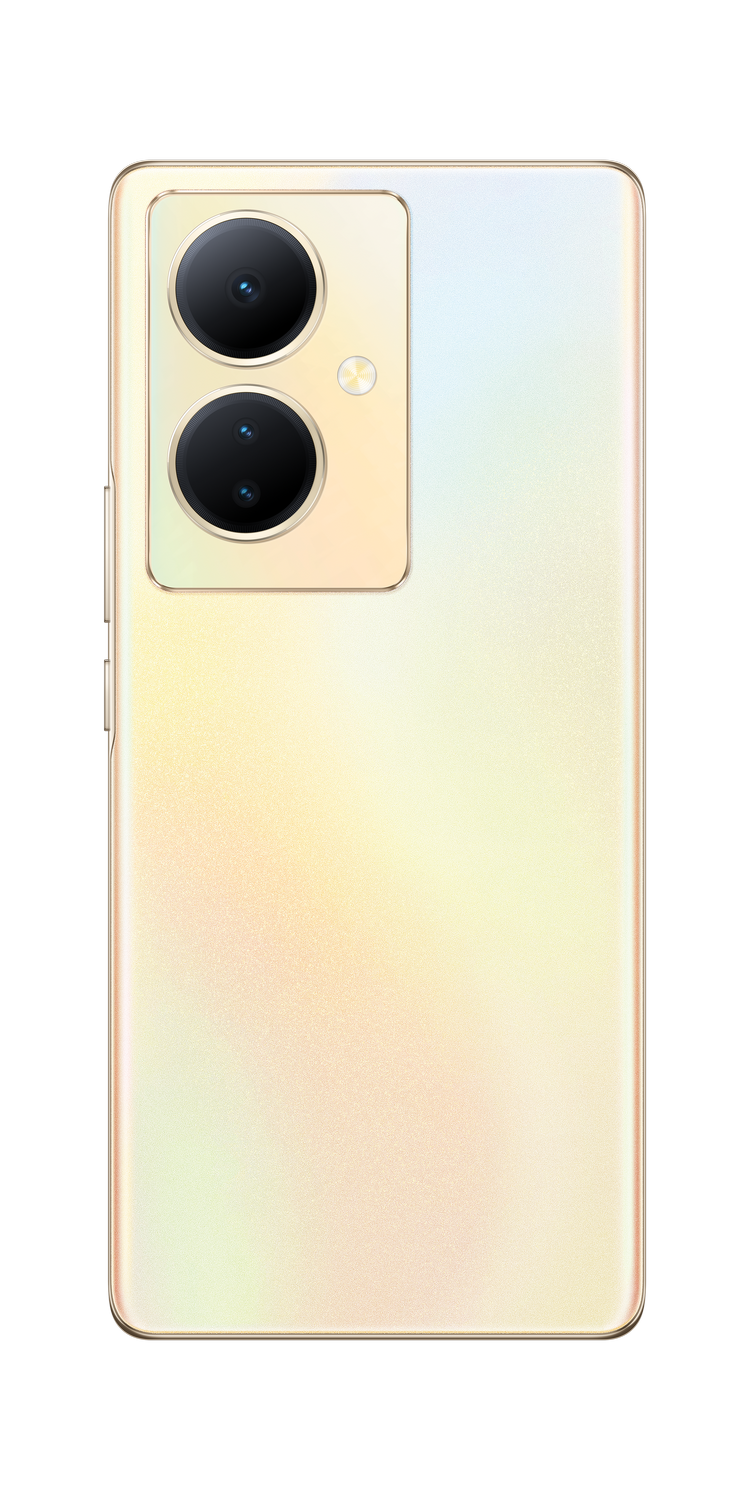 Vista trasera de un teléfono inteligente dorado y blanco. El teléfono tiene un módulo de cámara.