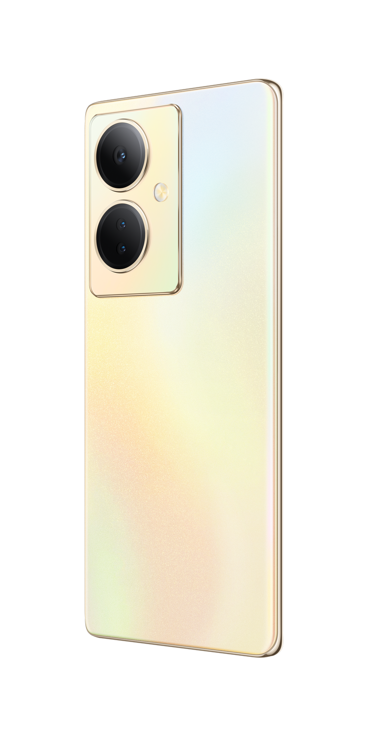 Un smartphone dorado con dos cámaras, mirando hacia atrás. Contra un fondo negro.